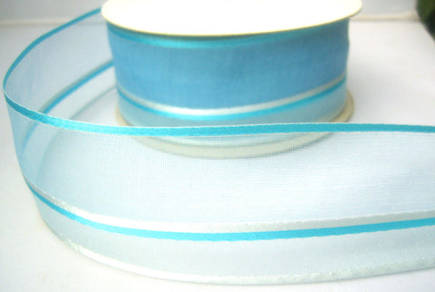 R7927 45mm Tonal Blue Sheer Ribbon, Silver Grey and Kingfisher Stripes and Borders - Ribbonmoon