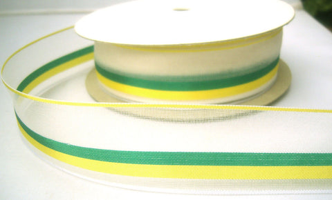 R7928 30mm Ivory Sheer Ribbon with Solid Yellow and Green Stripes and Borders - Ribbonmoon