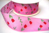 R7931 43mm Pink Taffeta Ribbon with a Red and Green Tulip Print - Ribbonmoon