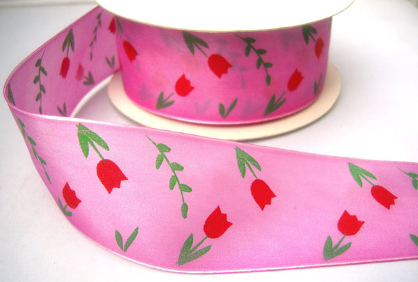 R7931 43mm Pink Taffeta Ribbon with a Red & Green Tulip Print – Ribbonmoon