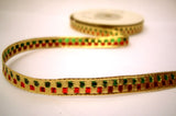 R8021 10mm Gold, Green and Red Metallic Woven Ribbon