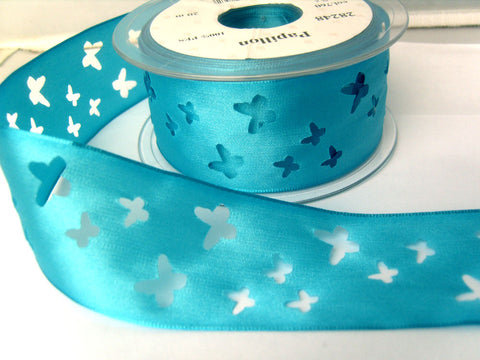 R8225 40mm Peacock Blue Taffeta Ribbon with Punched Butterfly Shapes