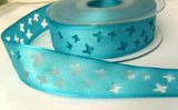 R8227 25mm Peacock Blue Taffeta Ribbon with Punched Butterfly Shapes