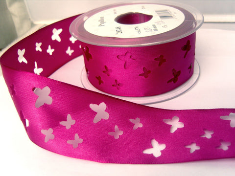 R8231 40mm Deep Fuchsia Pink Taffeta Ribbon with Punched Butterfly Shapes