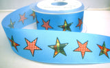 R8232 40mm Blue Taffeta Ribbon with a Gingham Star Print - Ribbonmoon