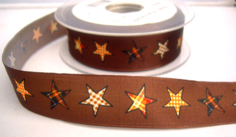 R8242 25mm Brown Taffeta Ribbon with a Gingham Star Print - Ribbonmoon
