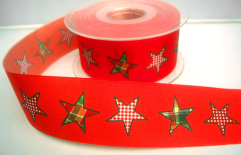 R8243 40mm Flame Red Taffeta Ribbon with a Gingham Star Print - Ribbonmoon