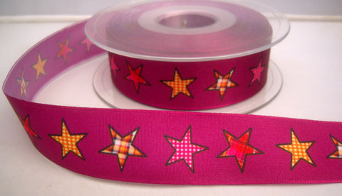 R8245 25mm Magenta Purple Taffeta Ribbon with a Gingham Star Print - Ribbonmoon