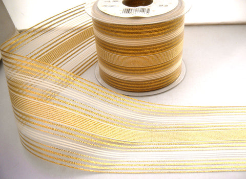 R8318 70mm Translucent, Ivory Satin and Metallic Gold Striped Ribbon - Ribbonmoon