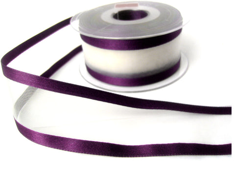 R8409 40mm Double Face White Sheer Ribbon with Purple Satin Borders