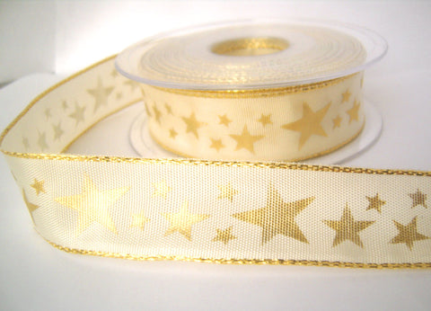 R8424 25mm Pearl Polyester Ribbon with Metallic Borders and Star Print