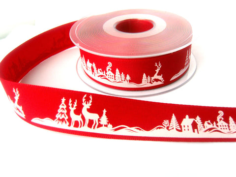 R8426 25mm Red Rustic Taffeta Christmas Print Ribbon Berisfords