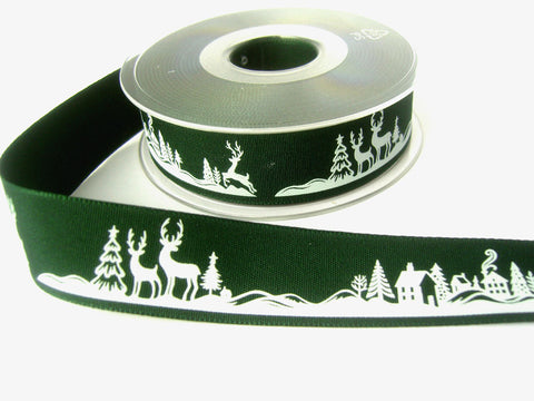 R8427 25mm Forest Green Rustic Taffeta Christmas Print Ribbon Berisfords