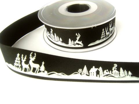 R8428 25mm Black Rustic Taffeta Christmas Print Ribbon Berisfords
