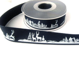 R8429 25mm Navy Rustic Taffeta Christmas Print Ribbon Berisfords
