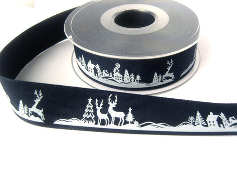 R8429 25mm Navy Rustic Taffeta Christmas Print Ribbon Berisfords