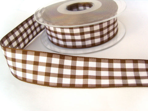 R8479 25mm Brown and White Polyester Gingham Ribbon by Berisfords