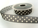 R8482 24mm Black Sheer Ribbon with a White Polka Dot Spotty Design