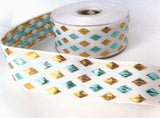 R8483 40mm White, Metallic Gold and Turquoise Woven Jacquard Ribbon