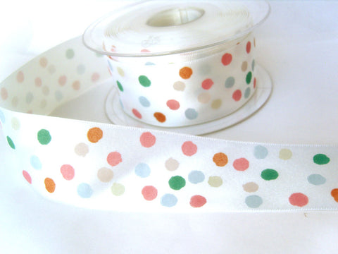 R8484 35mm White Satin Ribbon with Coloured Spotty Dot Print