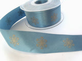 R8485 35mm Dusky Blue Satin Ribbon with a Metallic Snowflake Print