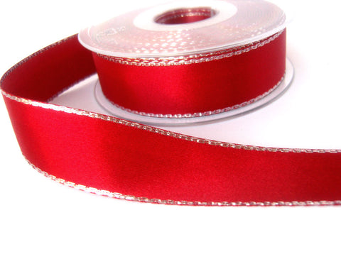 R8487 25mm Red Double Faced Satin Ribbon, Metallic Silver Edge