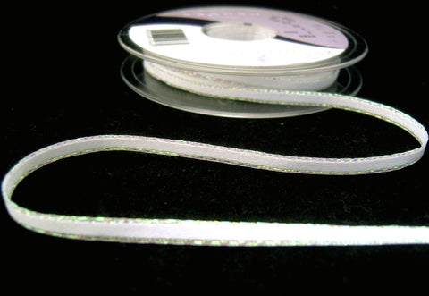 R8505 5mm White Double Face Satin Ribbon, Metallic Iridescent Edges