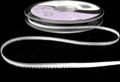 R8432 3mm White Double Faced Satin Ribbon, Metallic Silver Edges