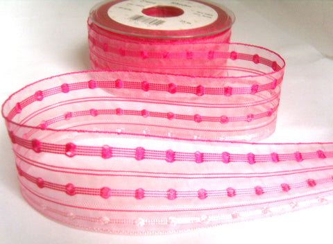 R8614 40mm Pink Sheer Ribbon with Woven Silk Stripes