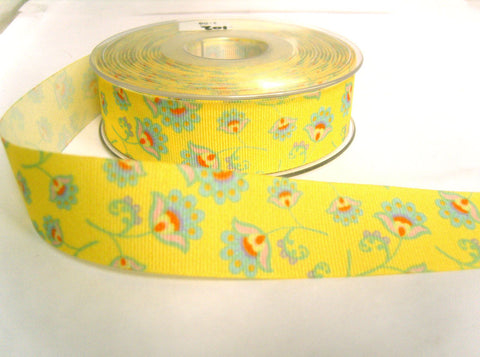 R8615 25mm Pale Yellow Grosgrain Ribbon with a Flowery Design