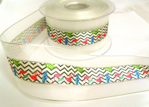 R8622 50mm White Sheer Ribbon, Silver Edges and Printed Satin Centre