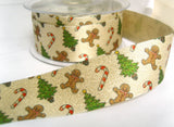 R8643 33mm Pale Gold Glitter Satin Ribbon with a Christmas Print