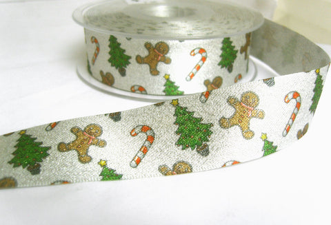 R8644 27mm Silver Glitter Satin Ribbon with a Christmas Print