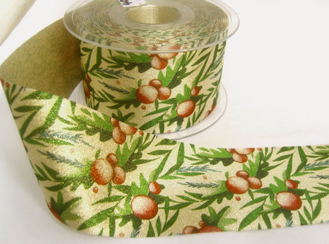 R8645 54mm Pale Gold Glitter Satin Ribbon with a Christmas Print