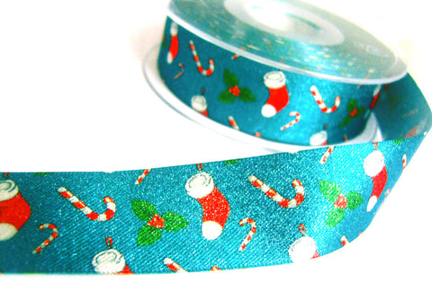 R8654 27mm Blue-Metallic Silver Glitter Satin Christmas Print Ribbon