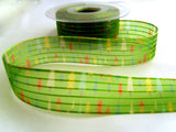 R8666 26mm Green Sheer and Satin Stripe Ribbon, Single Face Fir Tree Print
