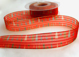 R8667 26mm Red Sheer and Satin Stripe Ribbon, Single Face Fir Tree Print