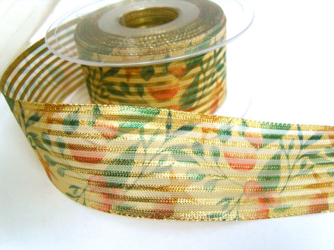 R8668 40mm Gold Metallic Sheer and Stripe Ribbon, Single Face Berry Print