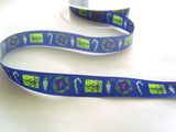 R8672 15mm Royal Blue Taffeta Ribbon with a Christmas Design by Berisfords