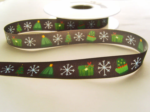 R8673 15mm Charcoal Black Taffeta Ribbon with a Christmas Design by Berisfords