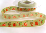 R8676 15mm Rustic Green Taffeta Ribbon with a Christmas Design by Berisfords