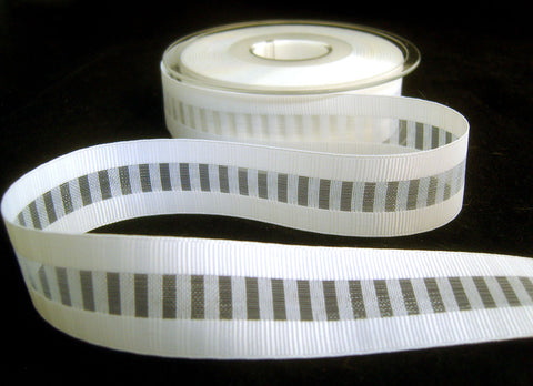 R8752 15mm White Grosgrain Ribbon with Sheer Centre Design by Berisfords