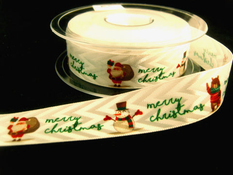 R8758 21mm White Satin and Matt Sheen Ribbon with a Christmas Print.