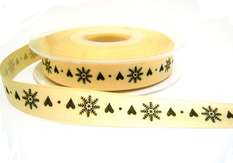 R9021 15mm Natural, Grey Rustic Taffeta Snowflake and Hearts Print Ribbon