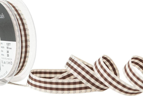 R9128 15mm Brown-Natural Ivory Rustic Gingham Ribbon by Berisfords