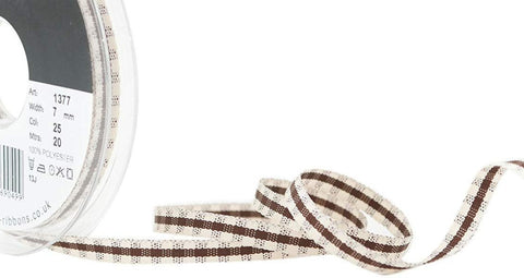 R9130 7mm Brown and Ivory Rustic Gingham Ribbon by Berisfords