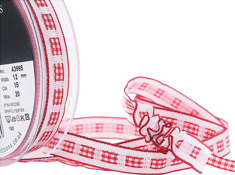 R9250 12mm Red Gingham Ruffle Ribbon, Grosgrain Base, Berisfords