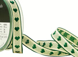 R9258 15mm Green-Ivory Cream Rustic Love Heart Ribbon, Berisfords