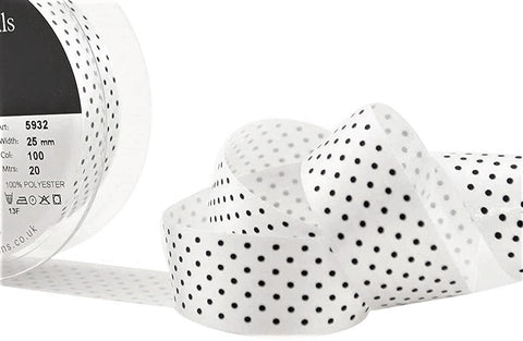 R9283 25mm White Satin Ribbon with Black Micro Polka Dot Spot Design