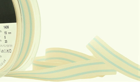 R9292 15mm Ivory Cream-Blue Tea Towel Stripe Rustic Taffeta Ribbon